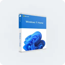 Boîte de Microsoft Windows 11 Home avec design bleu et blanc, logo Windows 11 et motif tourbillonnant bleu stylisé sur la face avant.