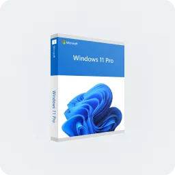 Boîte de vente Microsoft Windows 11 Pro avec le nom du produit et un design bleu abstrait, posée sur un fond clair.