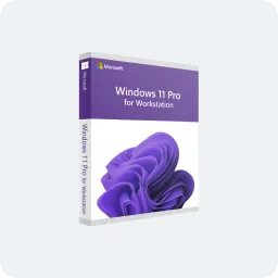 Boîte commerciale Microsoft Windows 11 Pro for Workstations, design violet, logo Windows et nom du produit affichés sur la face avant.