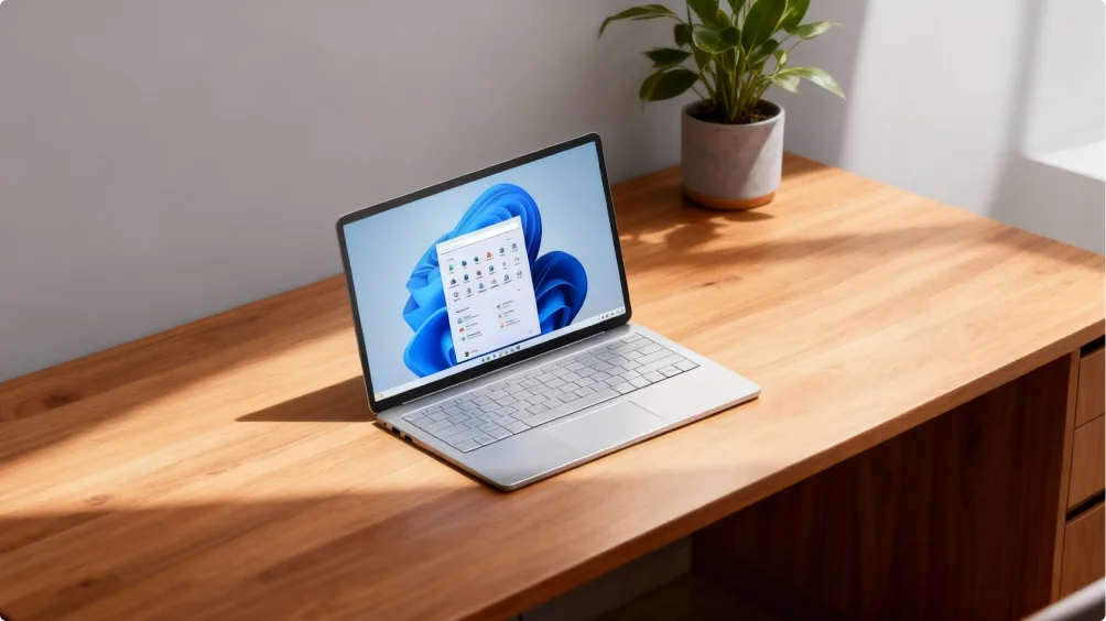 Ordinateur portable argenté sous Windows 11 ouvert sur un bureau en bois, plante verte en pot, pièce lumineuse aux murs blancs.
