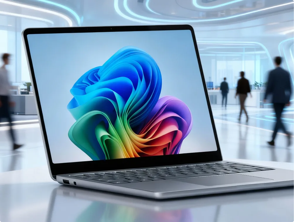 Un ordinateur portable élégant affiche un fond d'écran Windows abstrait sur un bureau moderne et lumineux, avec des personnes floues en arrière-plan.