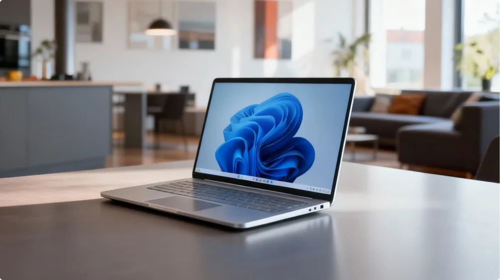 Un ordinateur portable affichant l'accueil de Windows 11 posé sur une table, dans un salon moderne et lumineux avec cuisine et canapé.