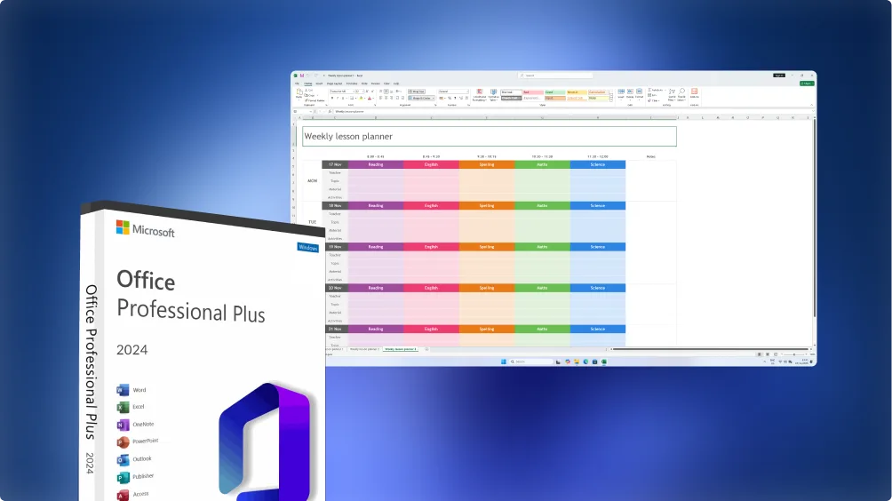Une boîte Microsoft Office Professional Plus 2024 devant un écran montrant un planning de cours hebdomadaire coloré sur Excel.