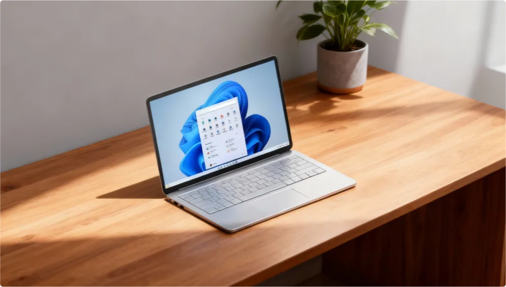 Un ordinateur portable argenté sous Windows 11 sur un bureau en bois, près d'une plante verte, éclairé par la lumière du soleil.