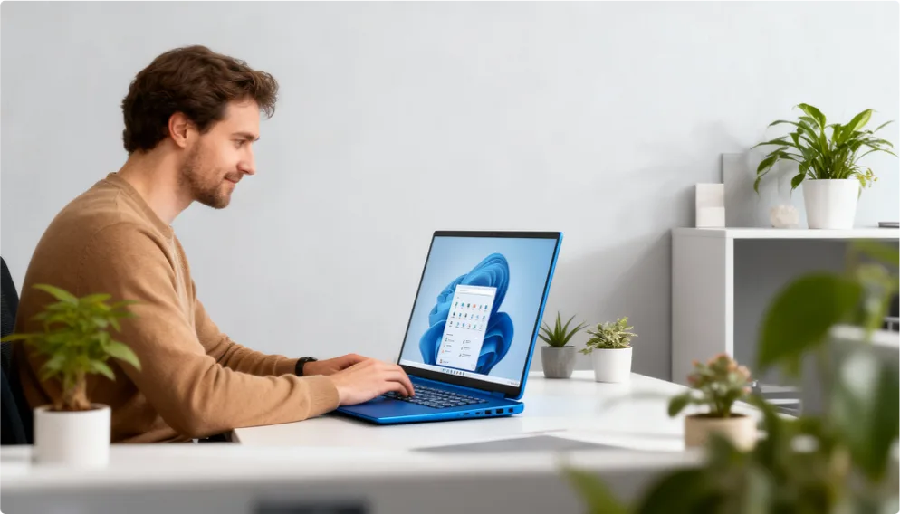 Un homme travaille sur un ordinateur portable bleu sous Windows 11, entouré de plantes dans un bureau moderne et lumineux.