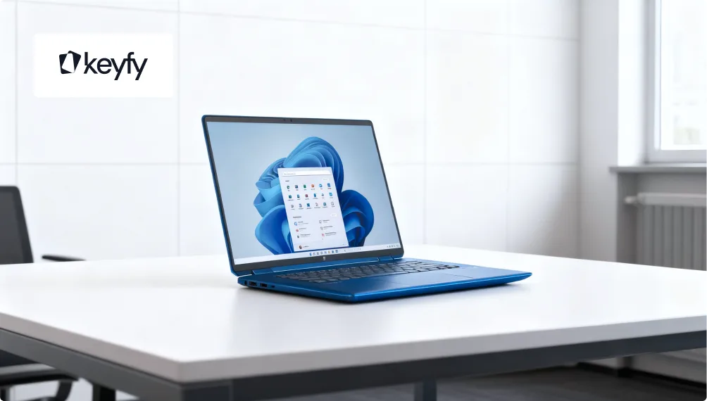 Un ordinateur portable bleu élégant affiche Windows 11 sur un bureau blanc moderne. Logo keyfy visible en haut à gauche de l'image.