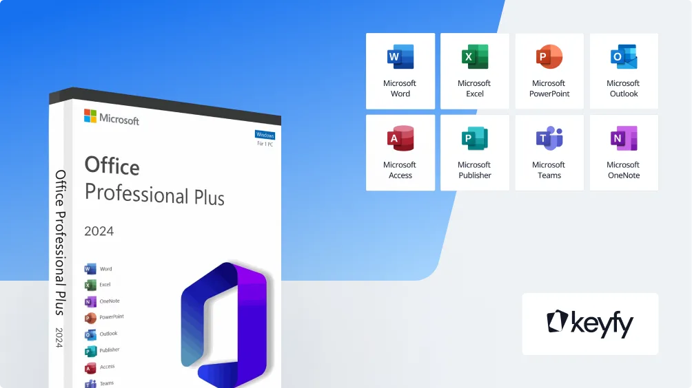 Boîte Microsoft Office Professional Plus 2024 avec icônes Word, Excel, PowerPoint, Outlook et autres. Logo Keyfy en bas à droite.