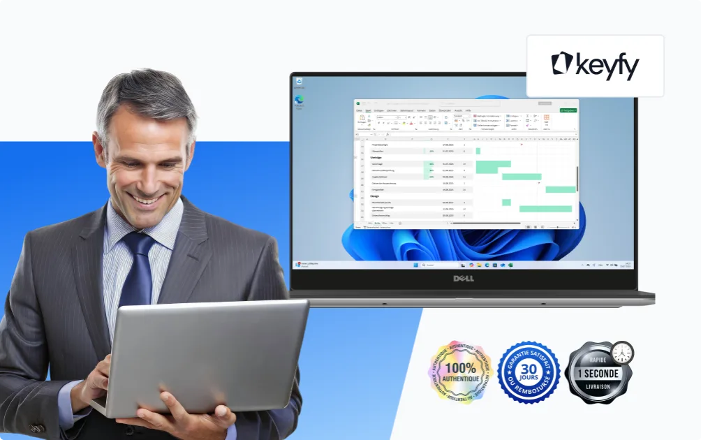 Un homme souriant en costume utilise un ordinateur portable, devant un grand Dell affichant un tableau. Logo Keyfy et badges sécurité.