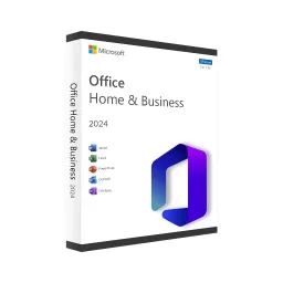 Boîte de Microsoft Office Home & Business 2024 avec logos Word, Excel, PowerPoint, Outlook, OneNote et Microsoft sur fond blanc.