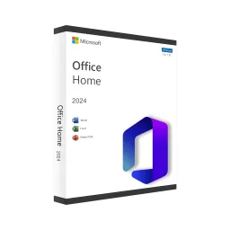Boîte Microsoft Office Home 2024 avec logo, icônes Word, Excel, PowerPoint sur fond blanc, bords noirs et marque Microsoft en haut.