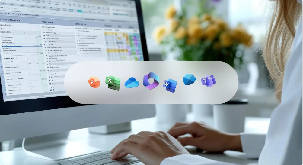 Une personne tape sur un clavier devant un écran affichant un tableur, avec les icônes Microsoft Office flottant au premier plan.