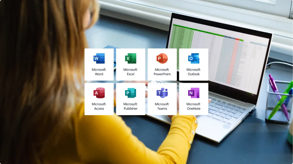 Une personne travaille sur un ordinateur portable affichant un tableau Excel, avec des icônes Word, PowerPoint, Outlook et Teams.