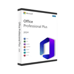 Boîte de Microsoft Office Professional Plus 2024 avec icônes Word, Excel, PowerPoint, Outlook, Publisher, Access sur fond blanc.