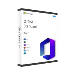 Boîte Microsoft Office Standard 2024 avec logo Microsoft, icônes Word, Excel, PowerPoint, OneNote, Outlook, Publisher sur fond blanc.