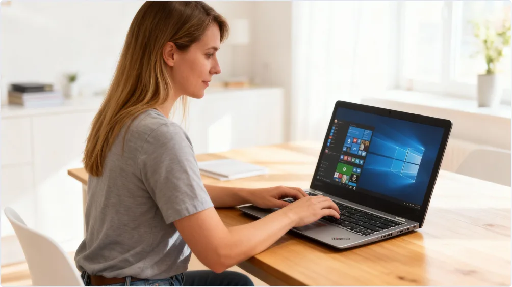 Une femme utilise un ordinateur portable affichant Windows 10, assis à une table en bois dans une pièce moderne et lumineuse.