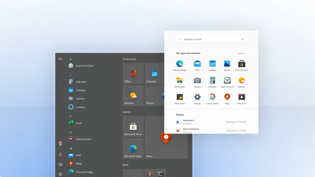 Capture d'écran du menu Démarrer Windows et du lanceur d'apps, avec icônes sur fond bleu clair, dont Edge, Mail et Calendrier.