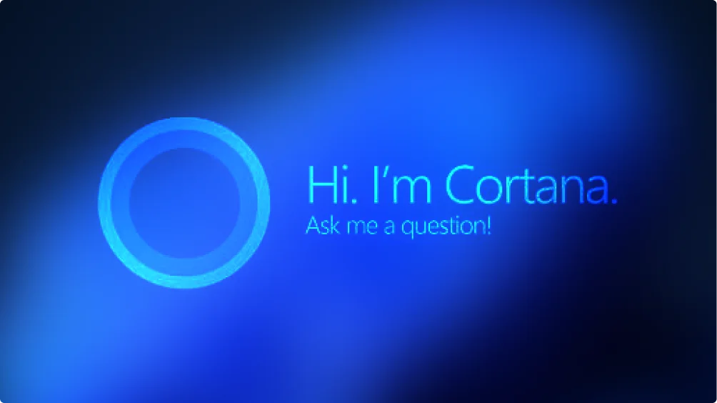 Logo circulaire bleu lumineux et texte sur fond dégradé bleu : "Bonjour. Je suis Cortana. Posez-moi une question !.