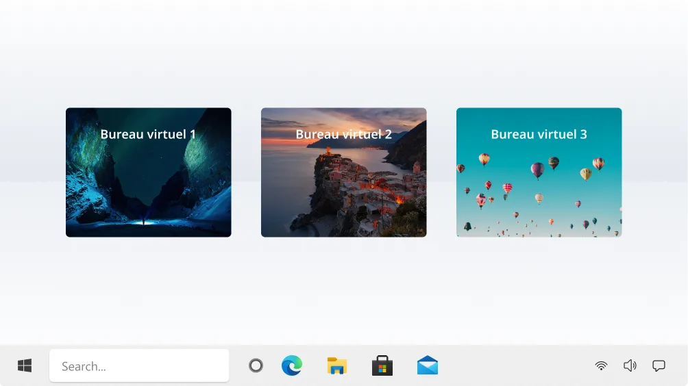 Aperçu de trois bureaux virtuels Windows nommés Bureau virtuel 1, 2 et 3, chacun avec un fond d'écran unique, barre des tâches en bas.