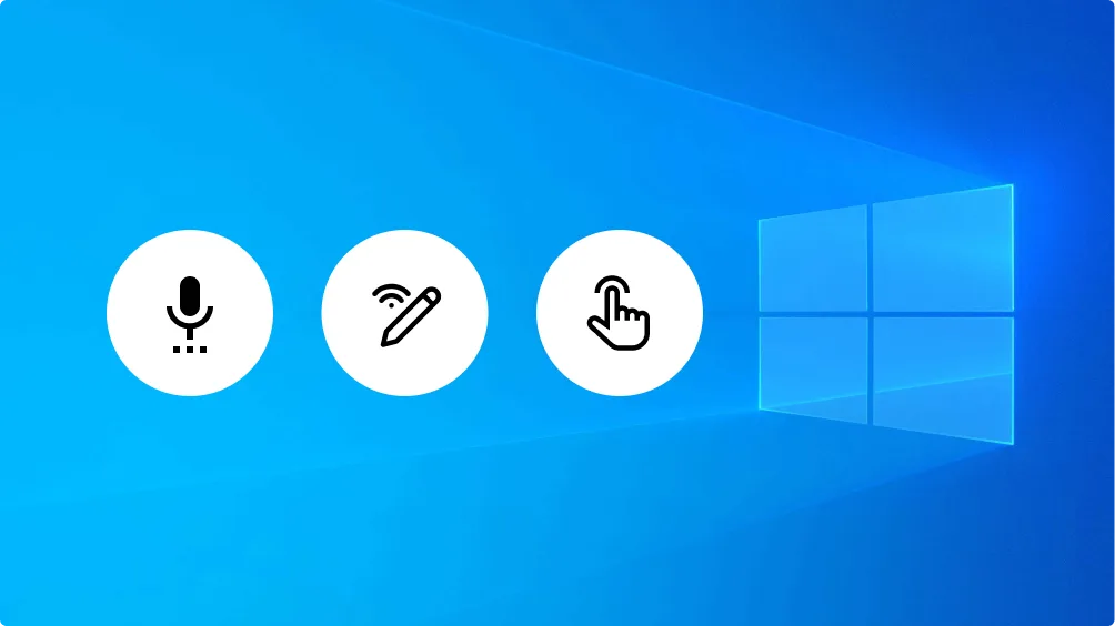Fond bleu Windows avec trois cercles blancs : micro, stylo sans fil, main qui touche, à côté du logo Windows.