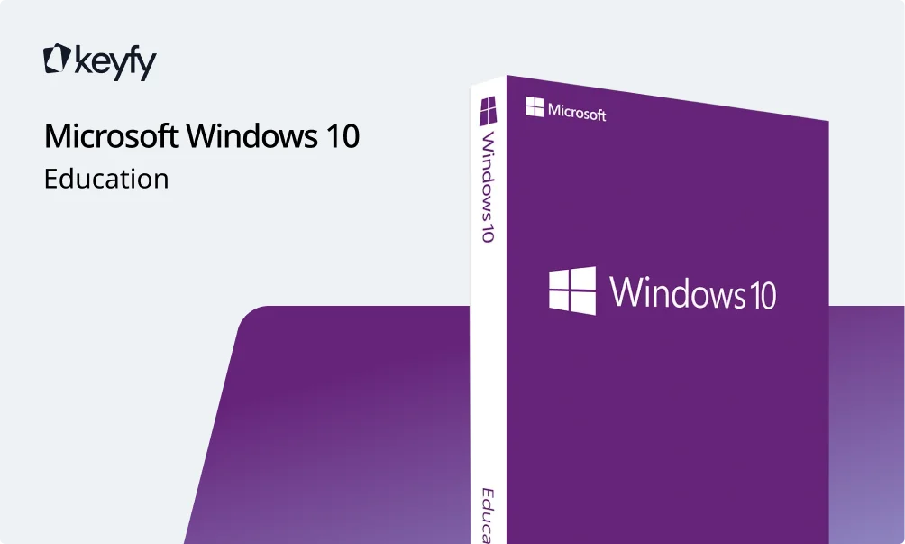 Boîte logicielle violette Windows 10 Education à côté du texte Microsoft Windows 10 Education, logo Keyfy, fond gris clair avec touche violette.