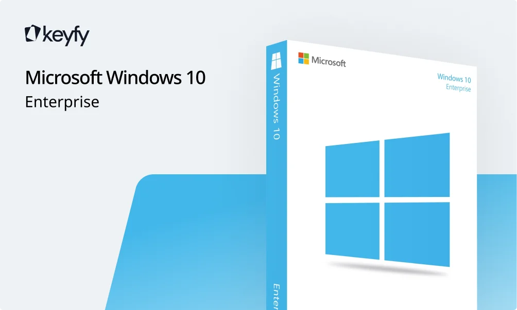 Image promotionnelle d'une boîte Microsoft Windows 10 Enterprise avec logo Windows, textes keyfy et Microsoft sur fond clair.