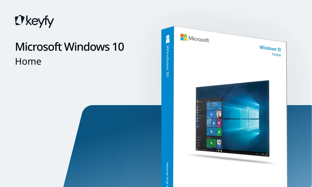 Une boîte de Microsoft Windows 10 Home posée sur fond bleu et gris, avec le logo Keyfy et le texte à gauche visible.