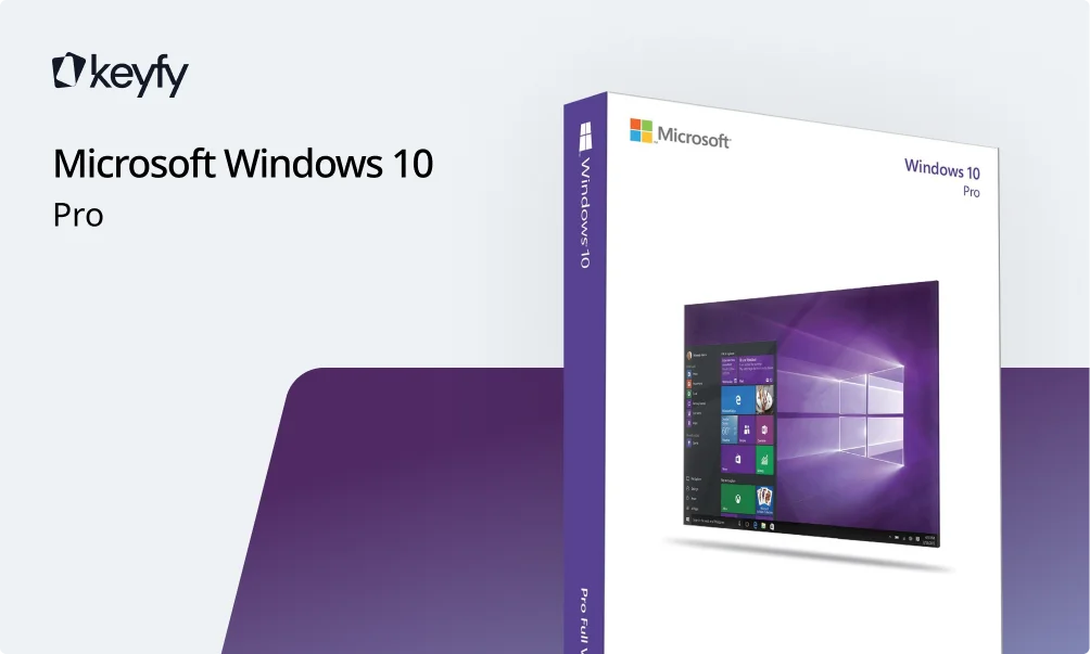 Image numérique de la boîte Microsoft Windows 10 Pro violette, écran Windows, logo Keyfy et texte " Microsoft Windows 10 Pro ".