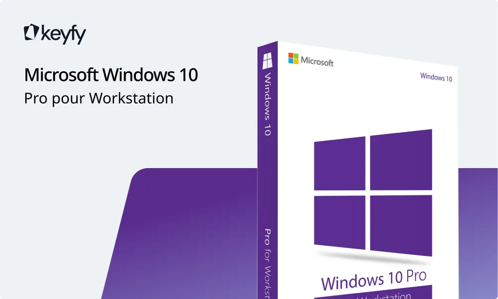 Boîte du produit Microsoft Windows 10 Pro for Workstation sur fond clair, logo Keyfy et texte en anglais et français en haut à gauche.