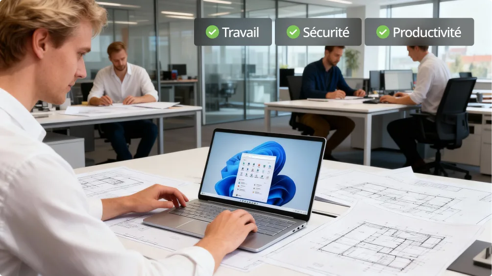 Un homme utilise un ordinateur portable sous Windows 11, entouré de plans d'architecture, dans un bureau moderne. Deux collègues travaillent en arrière-plan. Des icônes affichent "Travail", "Sécurité" et "Productivité" avec des coches.