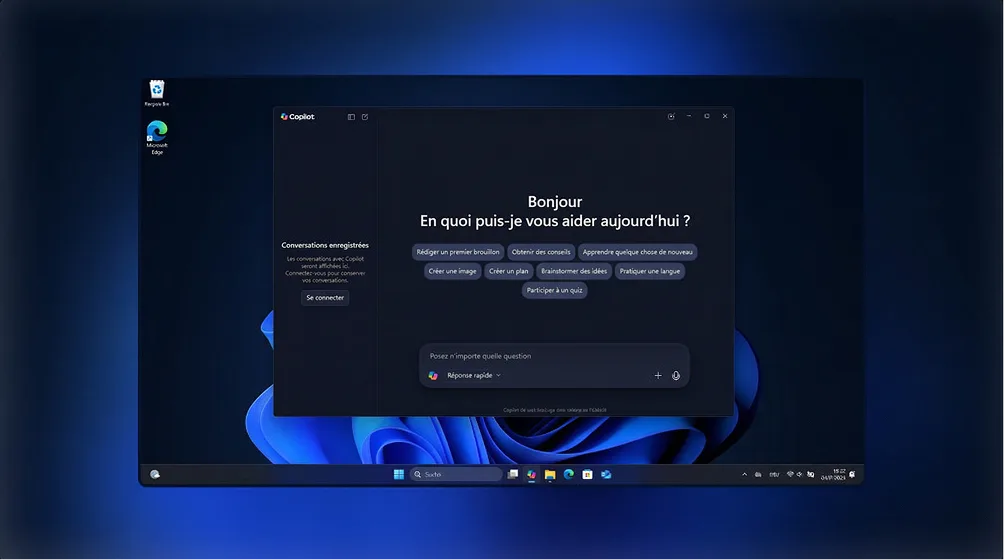 Écran Windows 11 affichant Copilot AI en français, interface sombre, suggestions d'aide, et barre des tâches visible en bas.