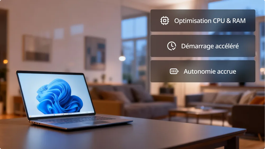 Un ordinateur portable sous Windows 11 sur une table de salon met en avant, en français, optimisation CPU/RAM, démarrage rapide, autonomie.