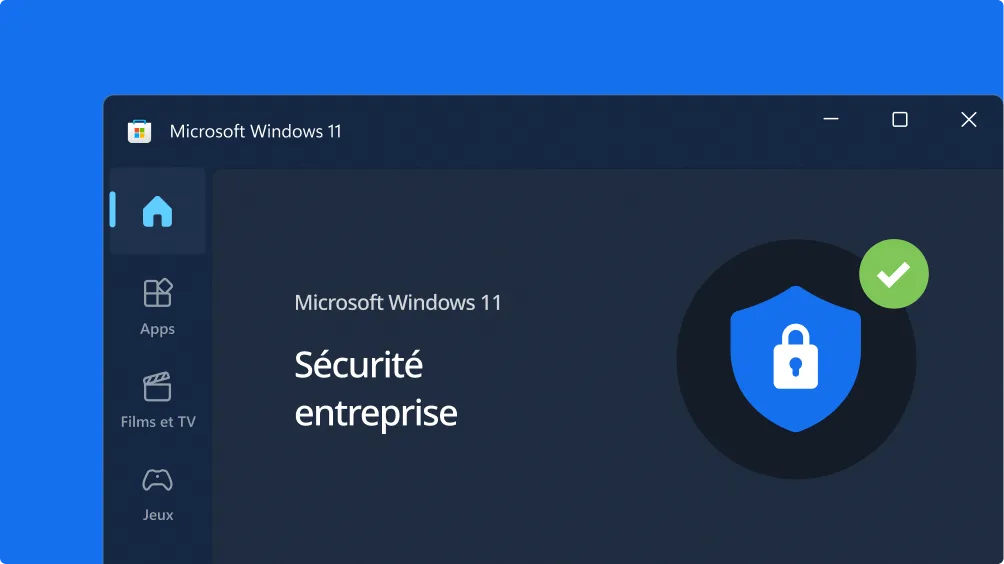 Capture d'écran de l'interface sécurité Windows 11 en français, avec un bouclier, un cadenas, un check vert et menu latéral.