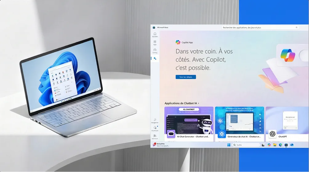 Un ordinateur portable sous Windows 11 sur une surface blanche courbe, avec capture de Microsoft Copilot et textes en français.