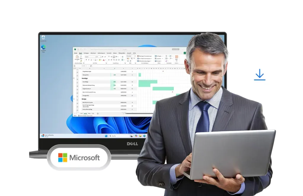 Un homme en costume sourit devant son ordinateur portable, un écran Dell affiche Excel, avec le logo Microsoft et une icône de téléchargement.