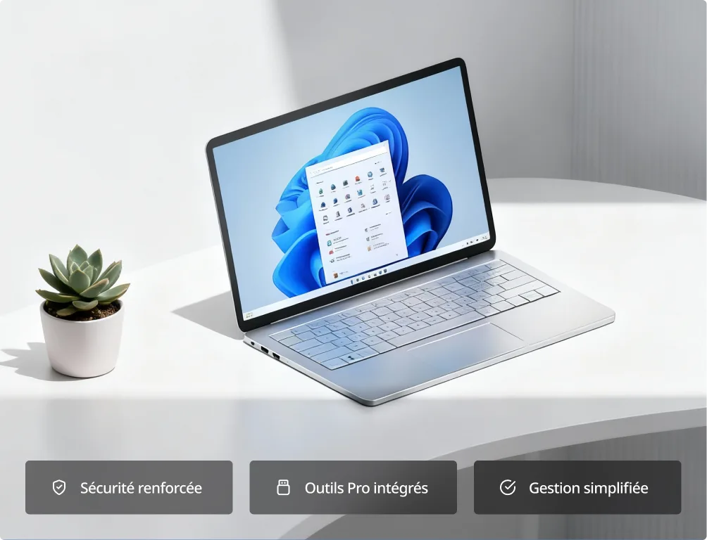 Un ordinateur portable argenté avec Windows 11 est posé sur une table blanche près d'une plante, boutons : Sécurité renforcée, Outils Pro intégrés, Gestion simplifiée.
