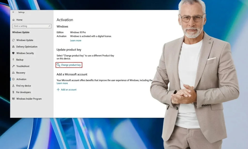 Activation de Windows 10 – « Modifier la clé de produit » mis en évidence dans les paramètres (Mise à jour et sécurité).