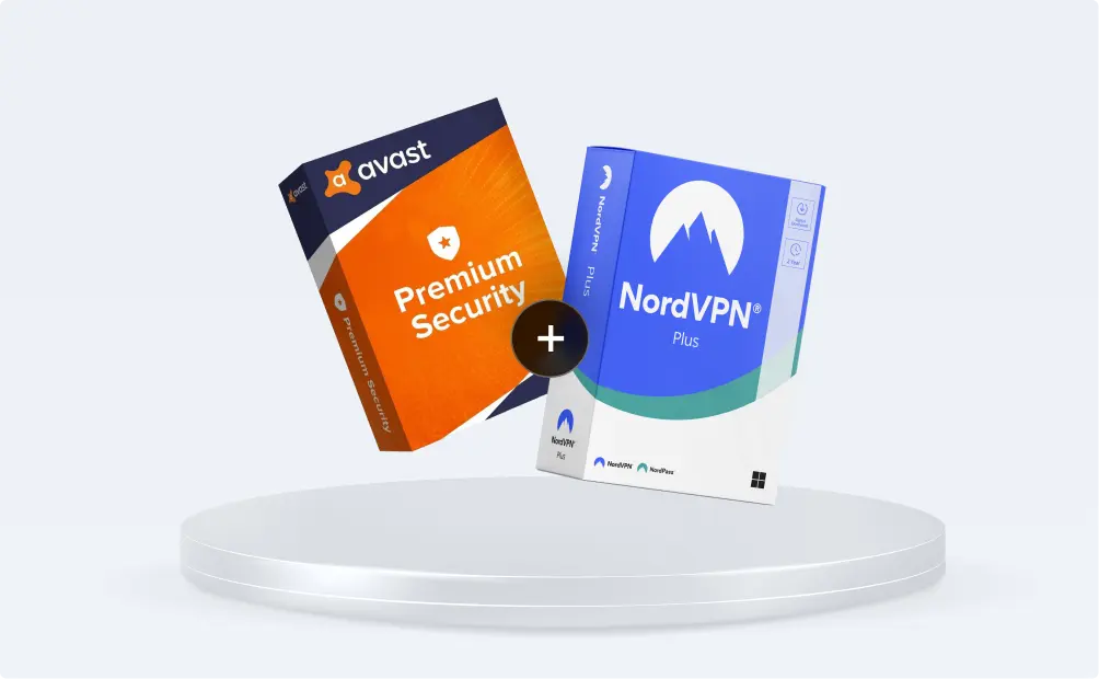 Deux boîtes logicielles, Avast Premium Security (orange) et NordVPN Plus (bleu), côte à côte sur un socle blanc avec un plus, suggérant une offre groupée.
