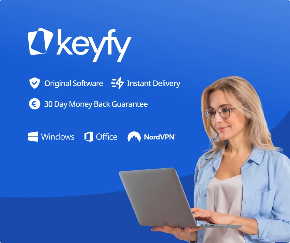 Femme avec lunettes utilisant un ordinateur portable devant un fond bleu, logo Keyfy et icônes Logiciel Officiel, Livraison Instantanée, Garantie 30 Jours, Windows, Office et NordVPN.