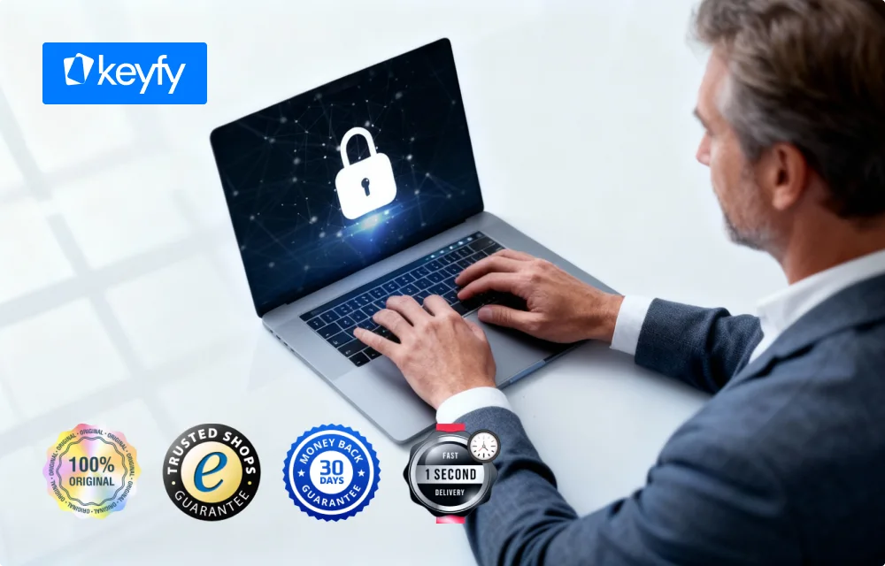 Un homme tape sur un ordinateur portable affichant un cadenas pour la sécurité. Logo Keyfy en haut, 4 badges certifiés en bas.