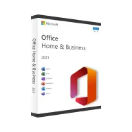 Boîte de Microsoft Office Home & Business 2021 avec logo Office et icônes Word, Excel, PowerPoint, Outlook sur fond blanc.