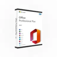 Boîte Microsoft Office Professional Plus 2021 avec logo Office et icônes Word, Excel, PowerPoint, Outlook, Access, Publisher, Skype sur fond blanc.