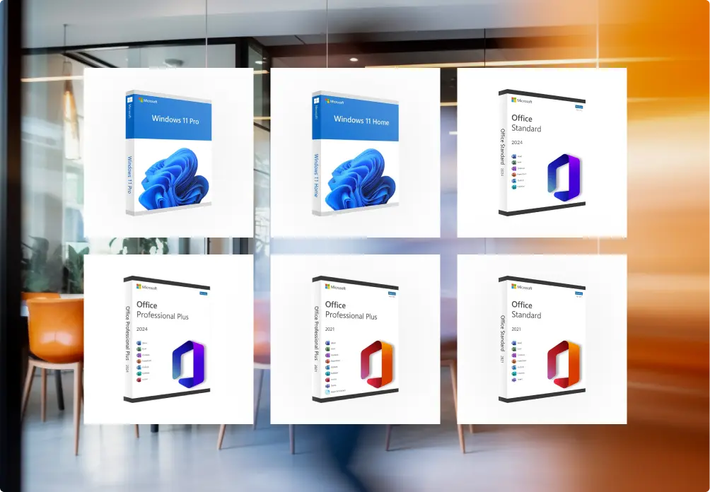 Six boîtes de logiciels Microsoft (Windows 11 Pro, Home, Office Standard, Professional Plus 2016, 2019, 2021) en grille sur fond de bureau flou.