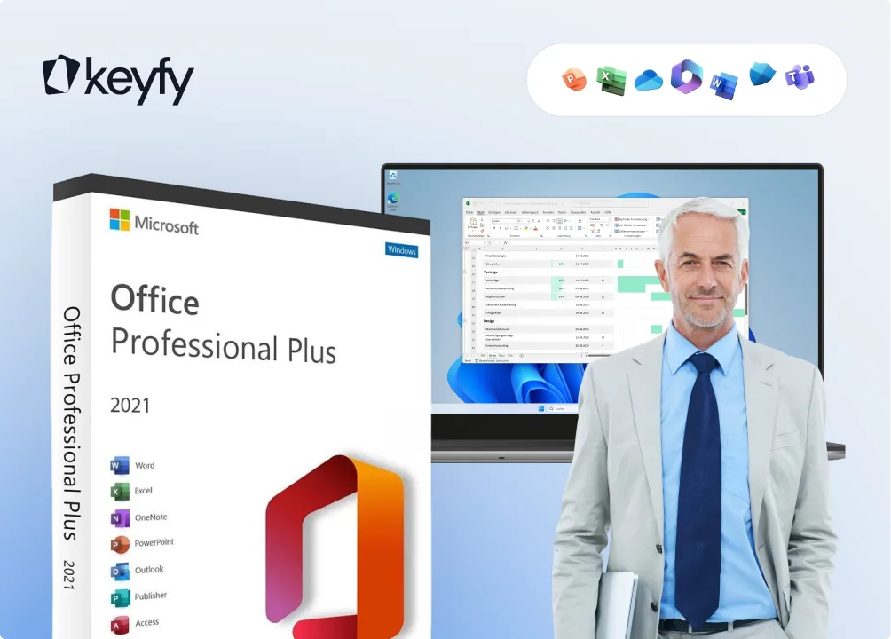 Un homme mûr en costume se tient devant un ordinateur portable affichant un tableau Excel, à côté d'une boîte Office 2021.