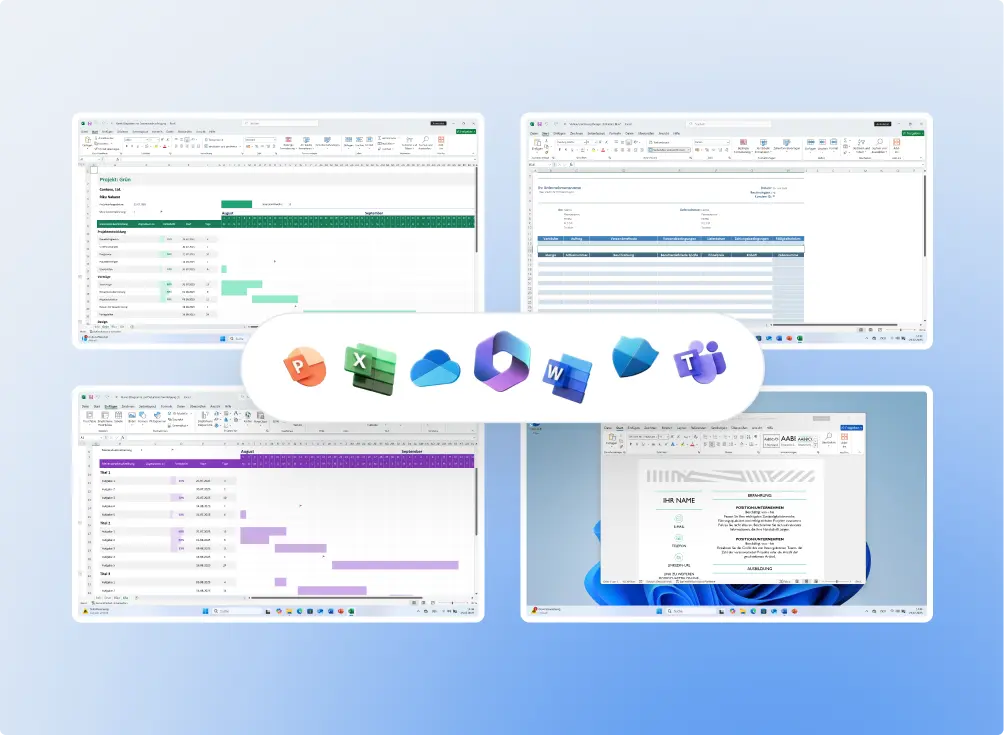Quatre écrans affichent des documents Excel et Word, avec les icônes Office (PowerPoint, Excel, OneDrive, Word, Outlook, Teams) sur fond bleu.