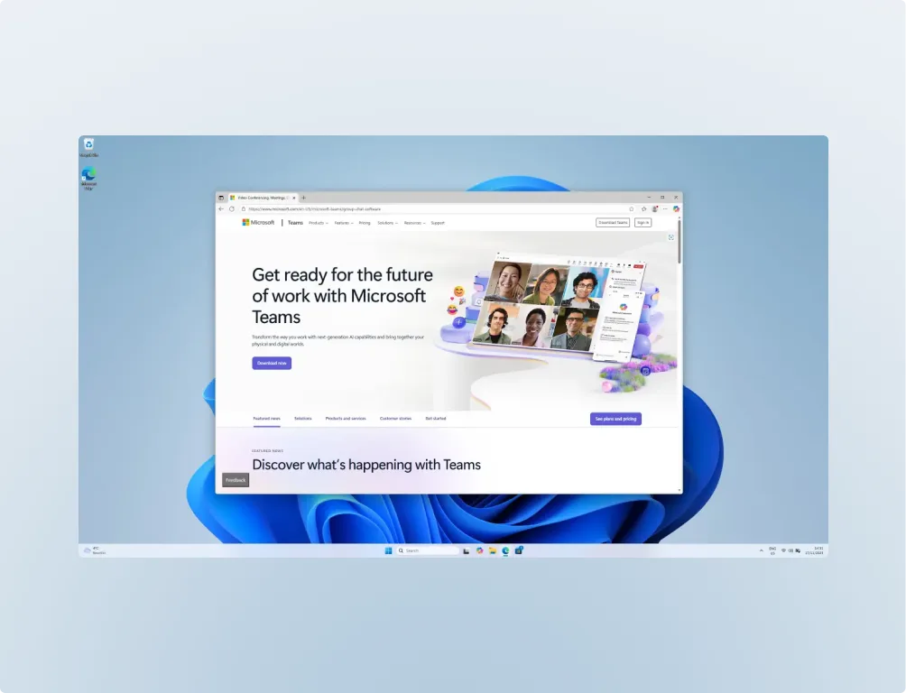 Un écran d'ordinateur montre la page Microsoft Teams, un en-tête sur l'avenir du travail, une visioconférence de groupe et un fond Windows 11 bleu clair.