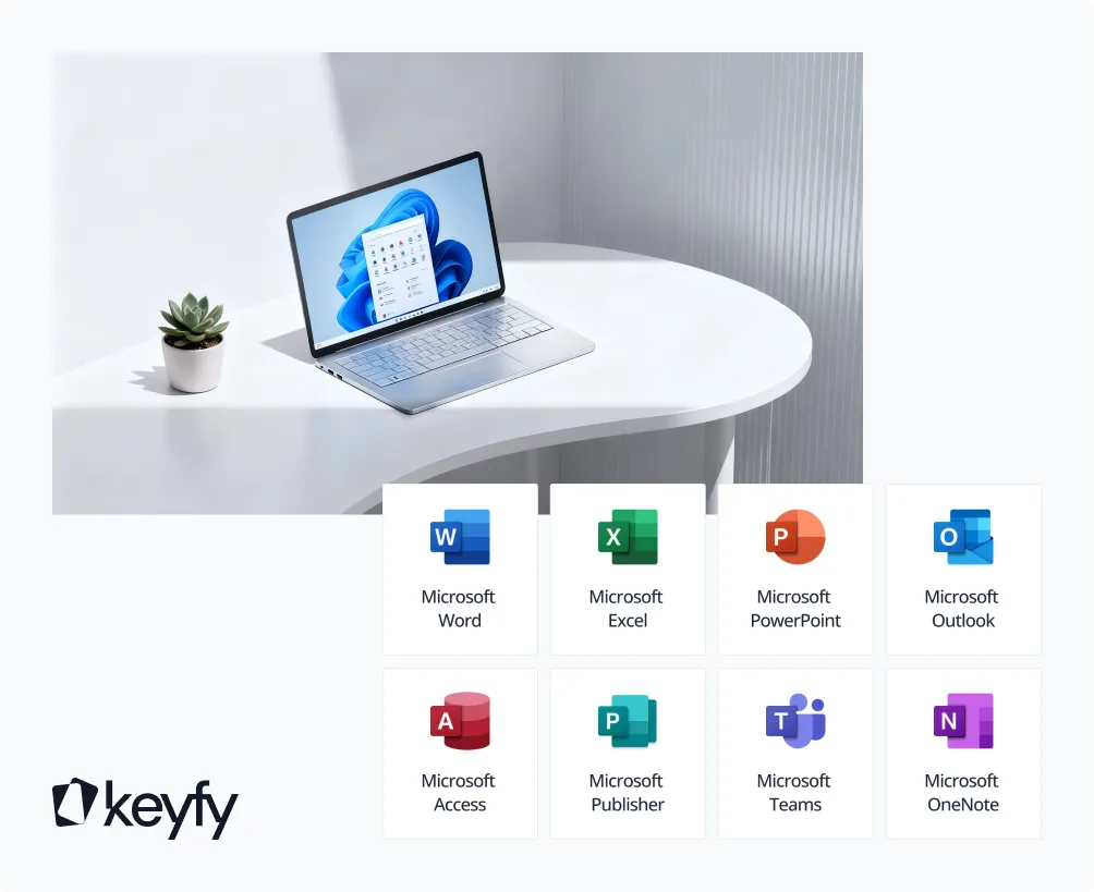 Un ordinateur portable sur une table blanche près d'une plante, écran avec Windows et icônes Office, logo Keyfy dans un coin.