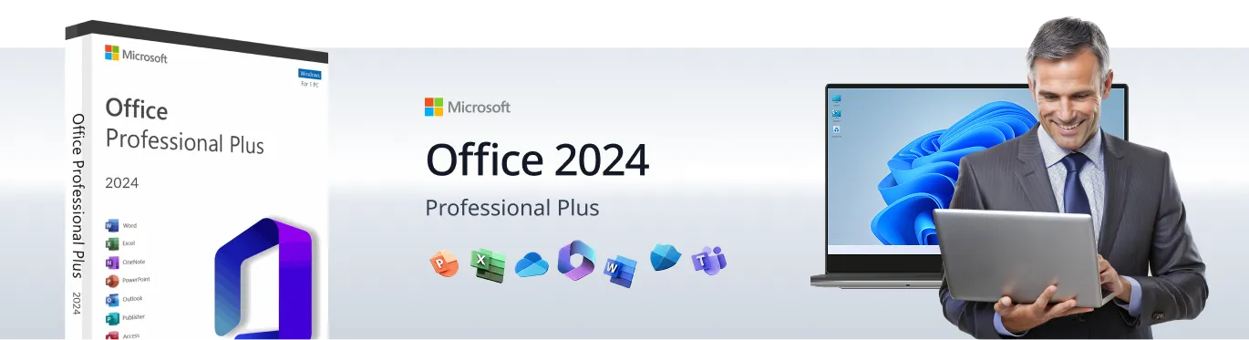 Bannière avec une boîte Microsoft Office Pro Plus 2024, des icônes d'apps Office et un homme souriant en costume sur PC Windows.