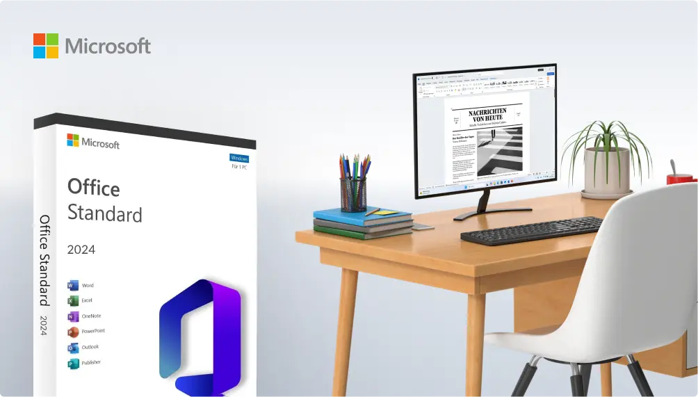 Bureau soigné avec écran affichant Word, clavier, souris, livres empilés, tasse et boîte Microsoft Office 2024 au premier plan.