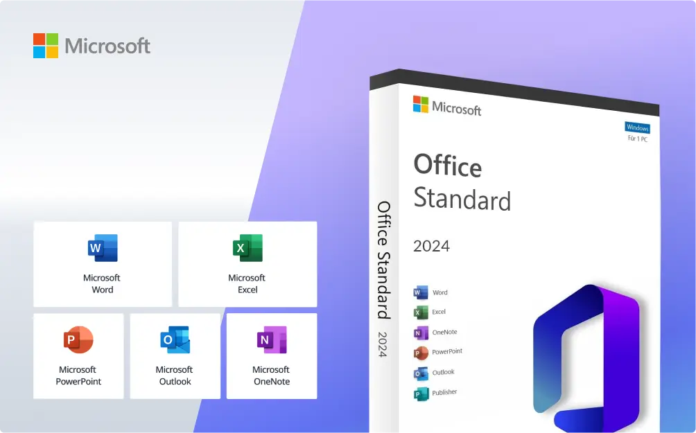 Image promotionnelle de Microsoft Office Standard 2024 avec la boîte et les icônes Word, Excel, PowerPoint, Outlook, OneNote, OneDrive et Publisher sur un fond dégradé violet.
