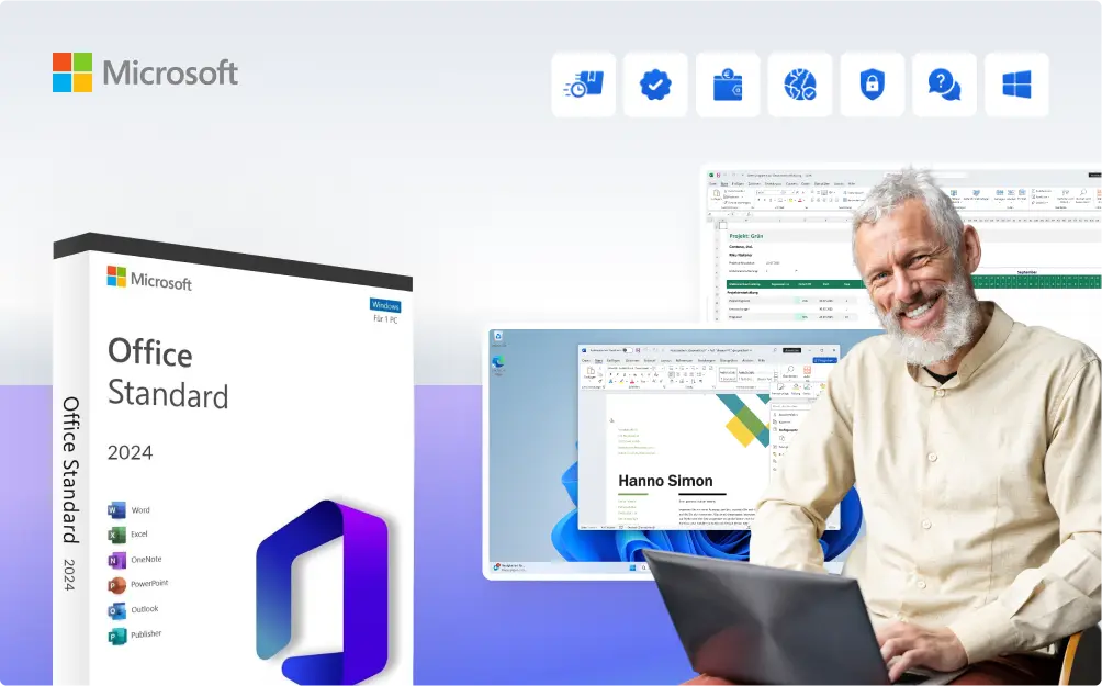 Homme senior souriant sur un ordinateur portable près d'une boîte Microsoft Office Standard 2024, interfaces et logo affichés derrière lui.